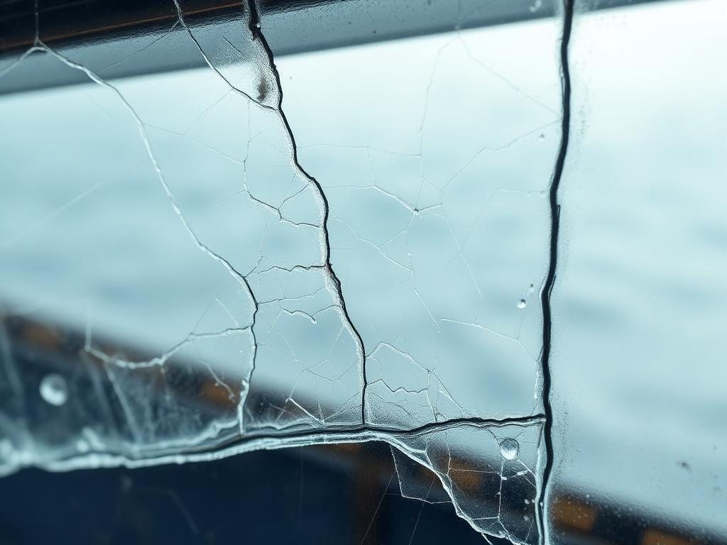 Crazing and stress cracks visible on an old, weathered acrylic boat window